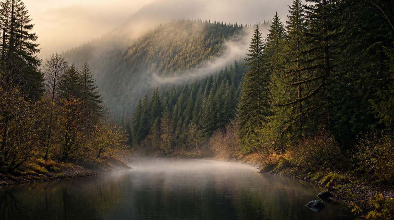 Oregon river valley in morning fog